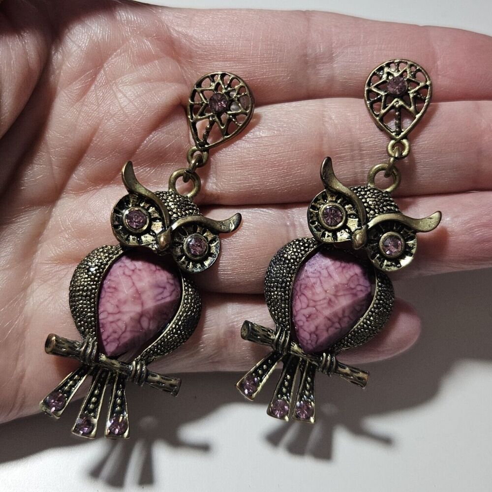 Gold Tone Dangling Owl With Purple Earrings - Picture 3 of 11